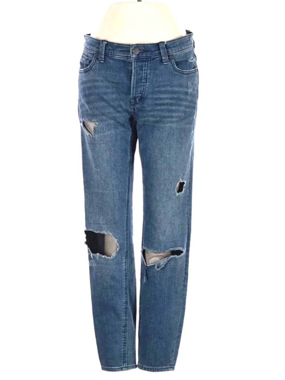 Free People Fishnet-Inset Tapered Skinny Jeans In Medium Blue Wash - Size 25
